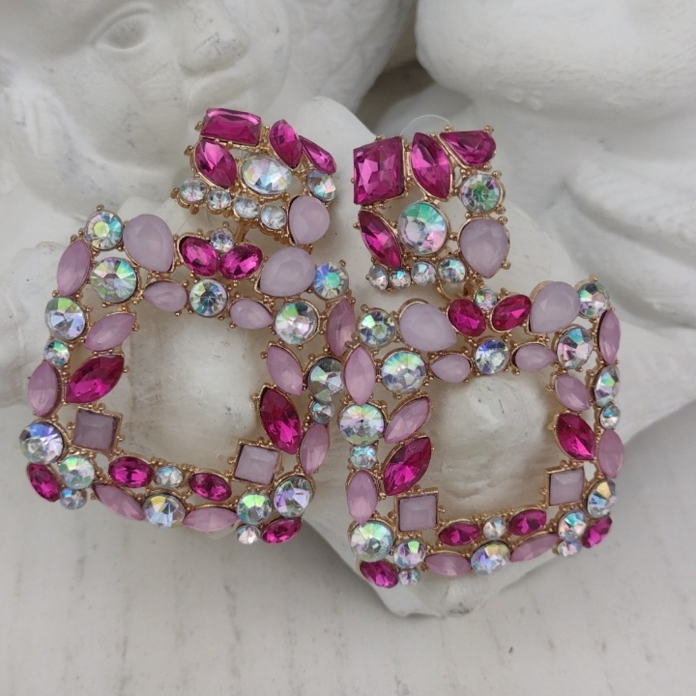 Stunning Pink & Crystal Stone Post Drop Earrings Earrings